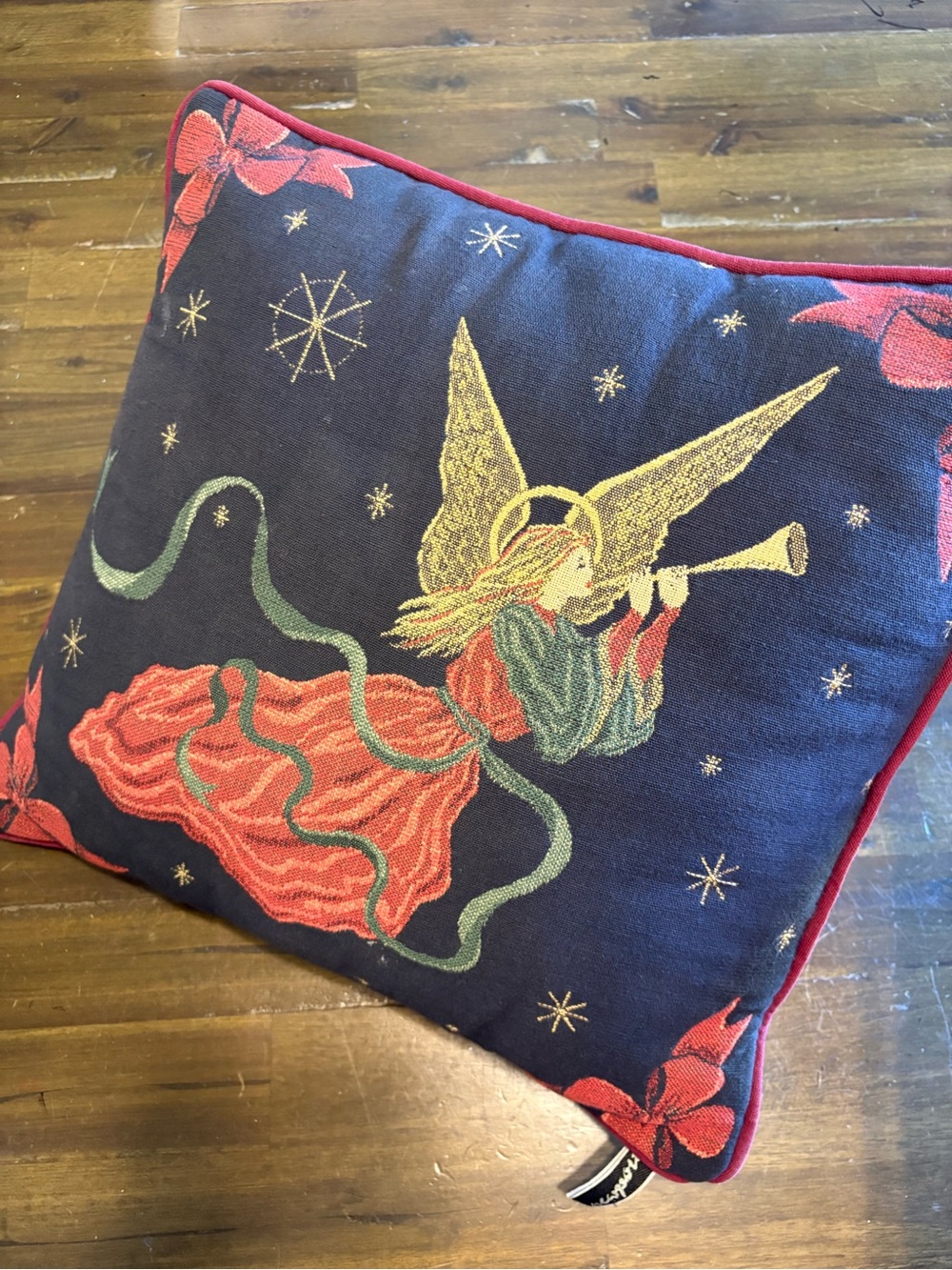 Vtg Tapestry Angel Throw Pillow Christmas Trumpet Holiday Christmas Bow Whimsy